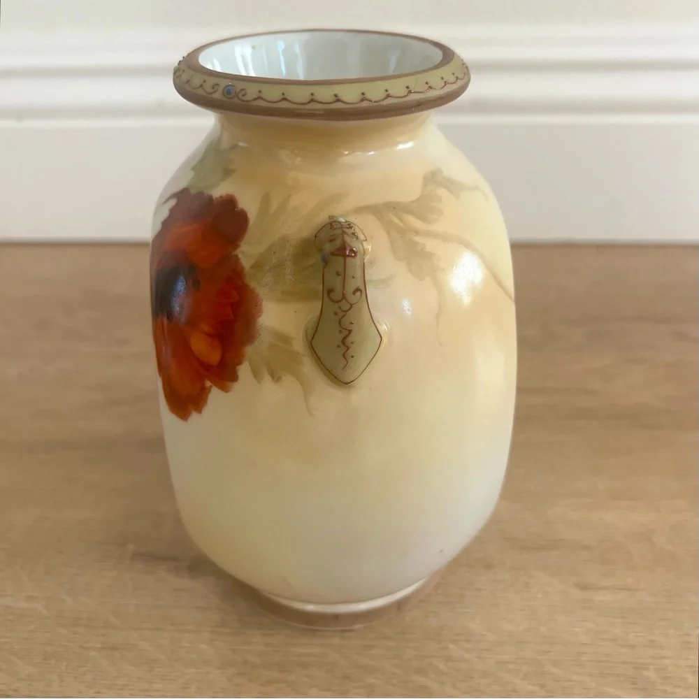 Antique 19th C. Nippon‎ Hand Painted Poppies Vase With Handles Blue Leaf Mark 7